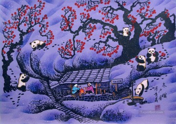Chinese panda on plum blossom animals Oil Paintings